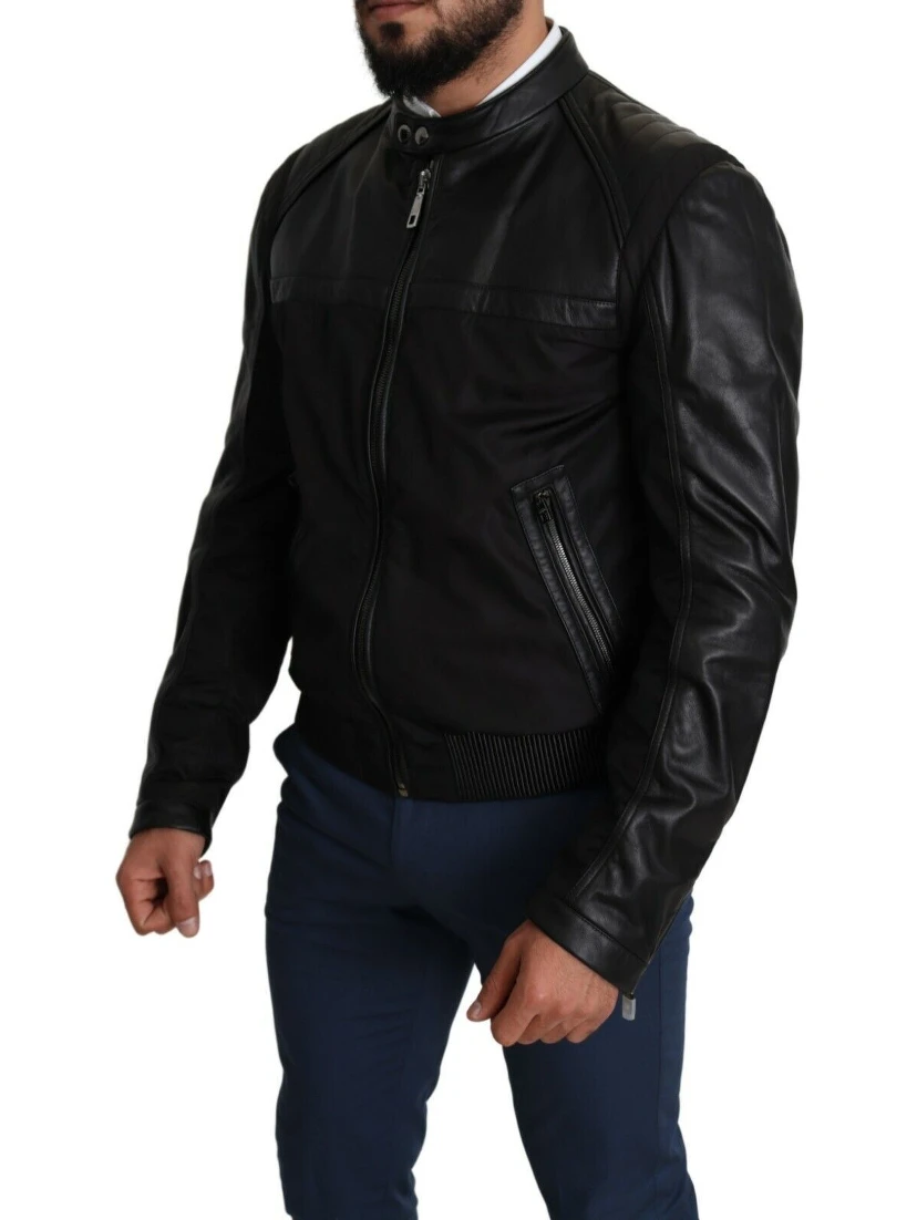 Black Nylon Full Zip Men Bomber Coat Jacket