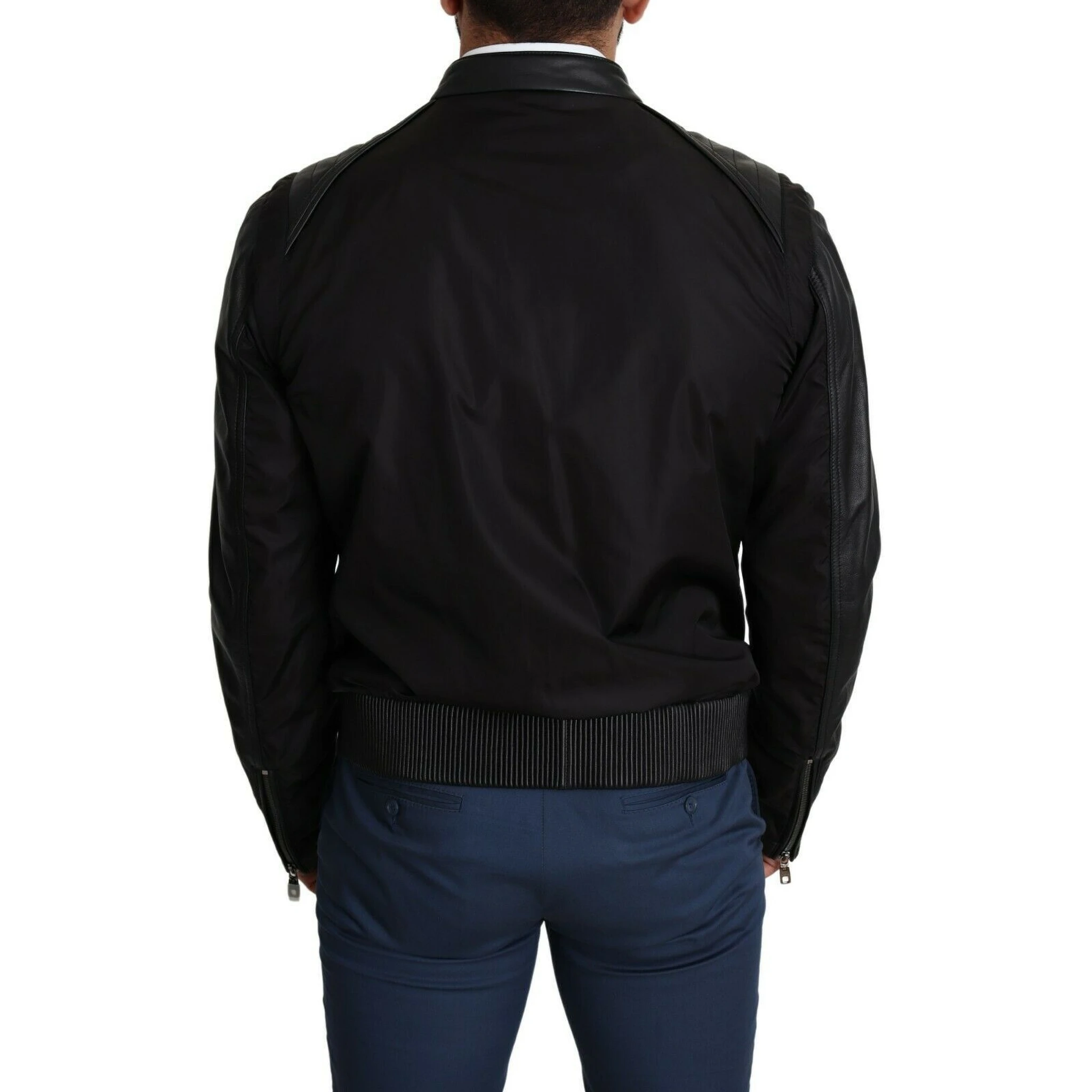 Black Nylon Full Zip Men Bomber Coat Jacket