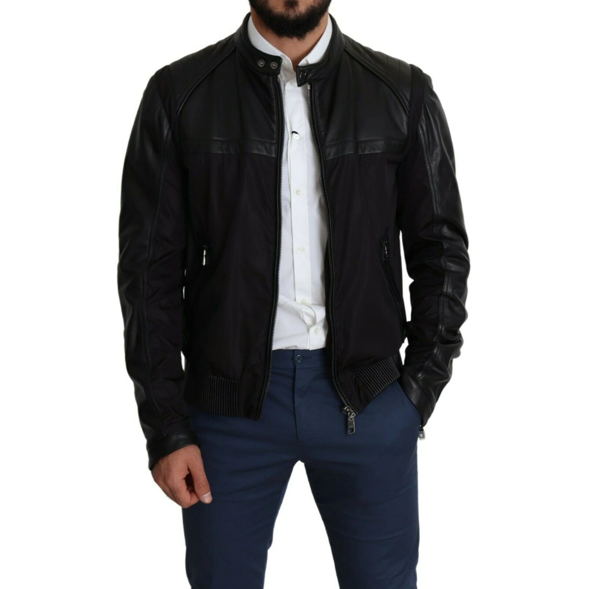Black Nylon Full Zip Men Bomber Coat Jacket