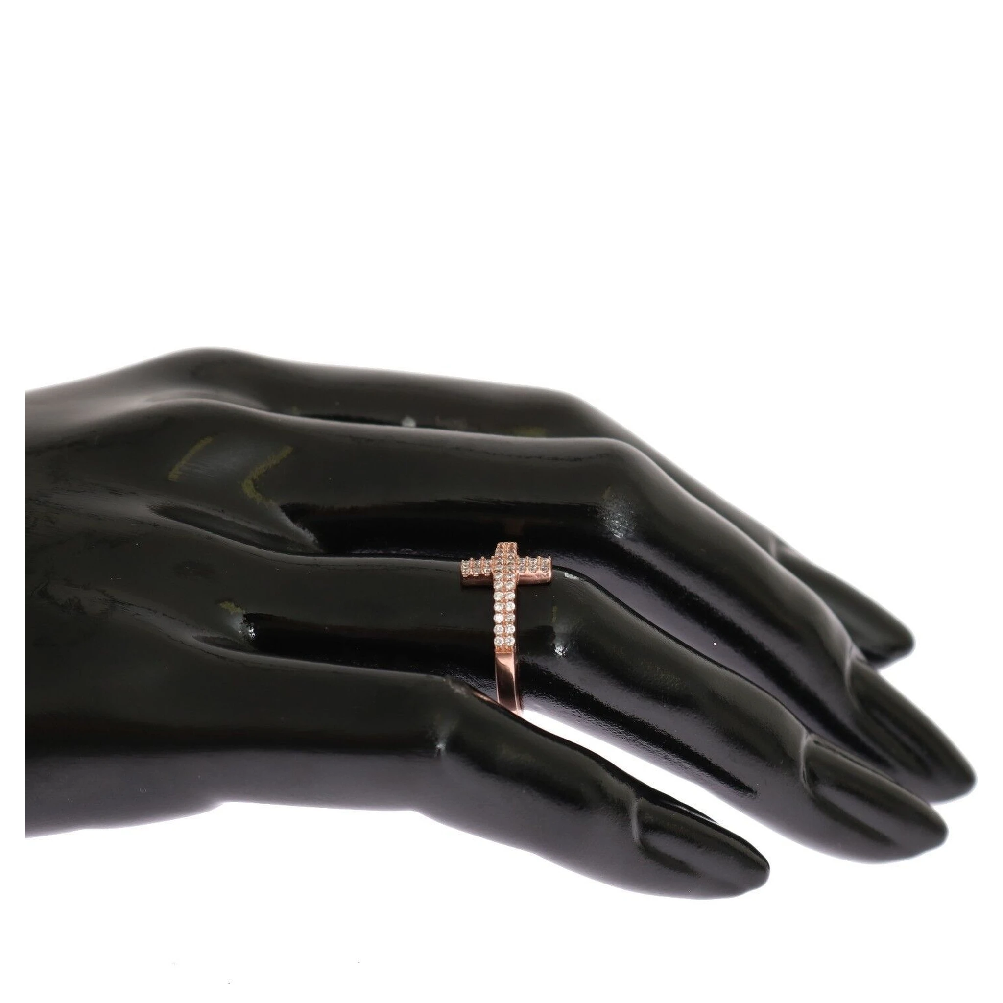 Pink Gold 925 Silver Womens Cross CZ Ring