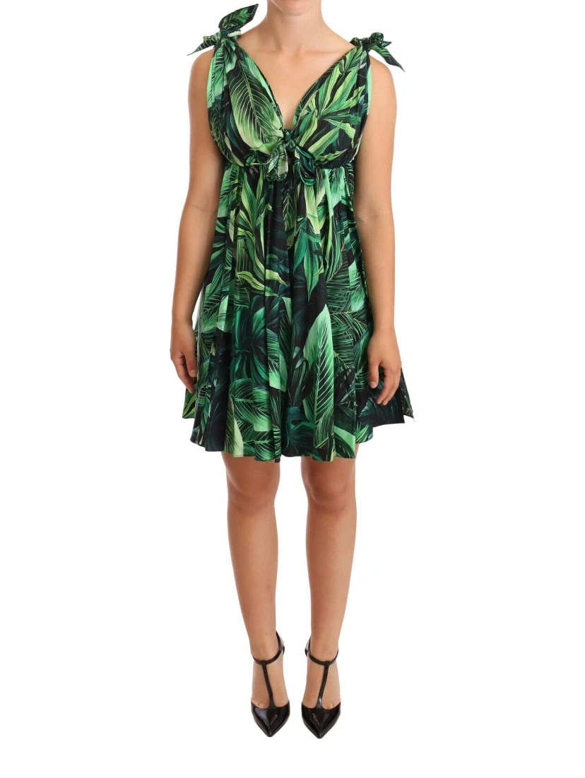 Green Leaves Print Cotton Flared Mini Dress