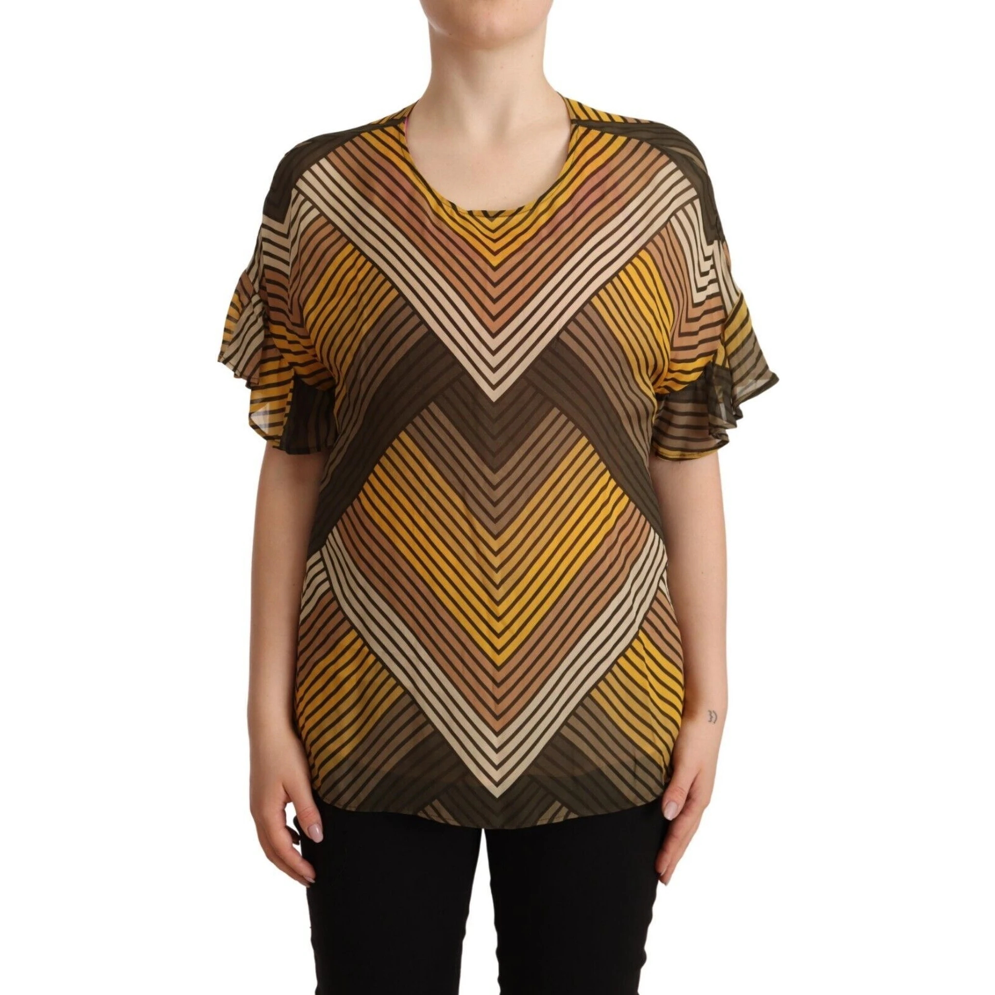 Multicolor Stripes Short Sleeves Round Neck Top Blouse