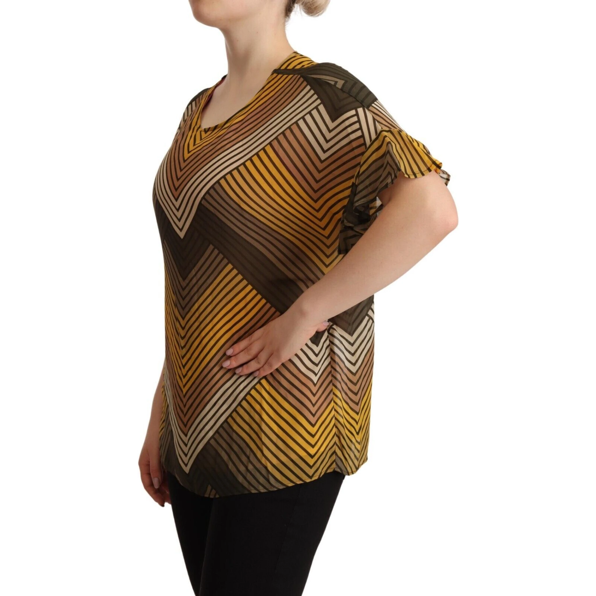 Multicolor Stripes Short Sleeves Round Neck Top Blouse