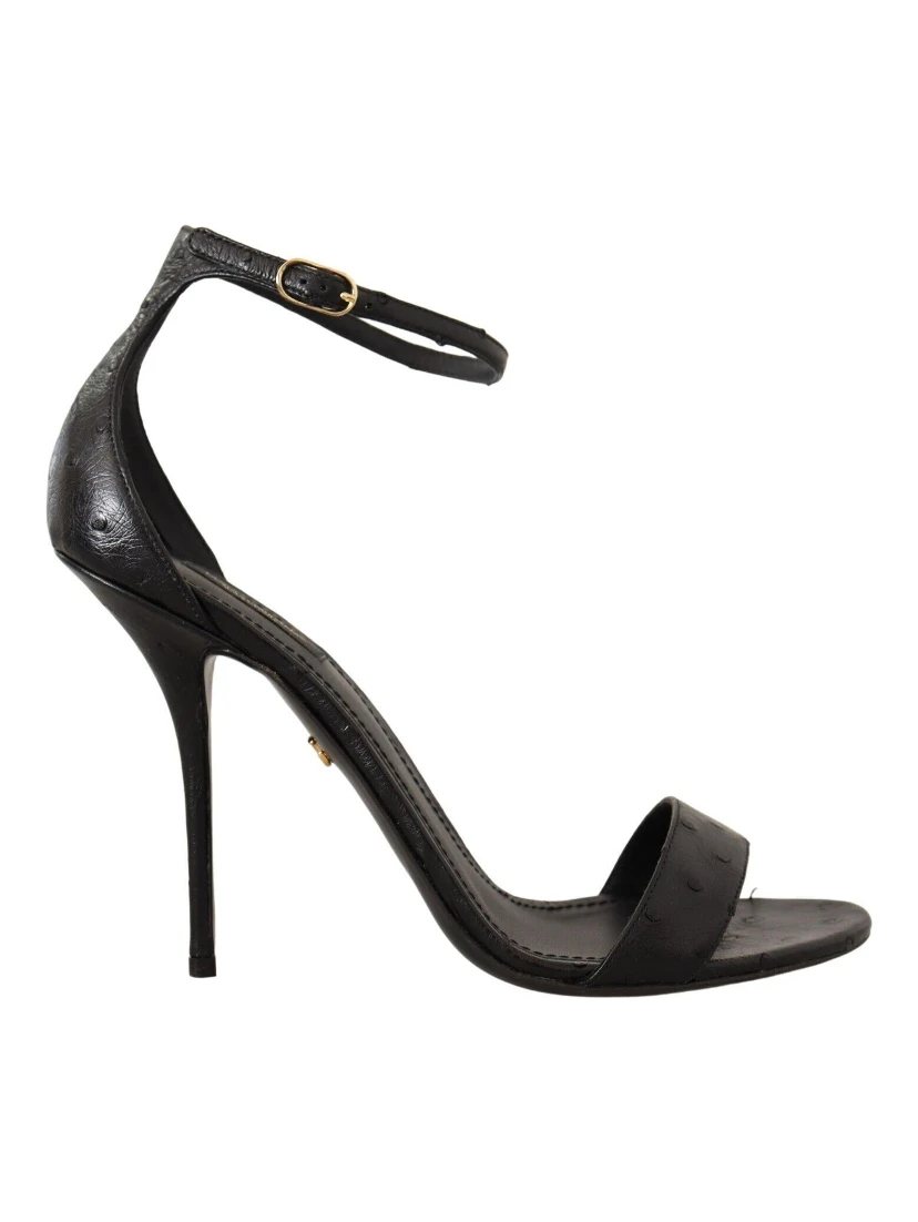 Black Ostrich Ankle Strap Heels Sandals Shoes
