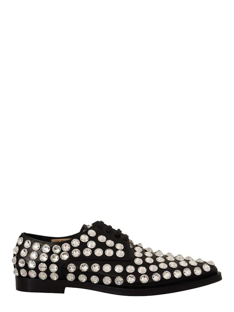 Black Leather Crystals Lace Up Formal Shoes