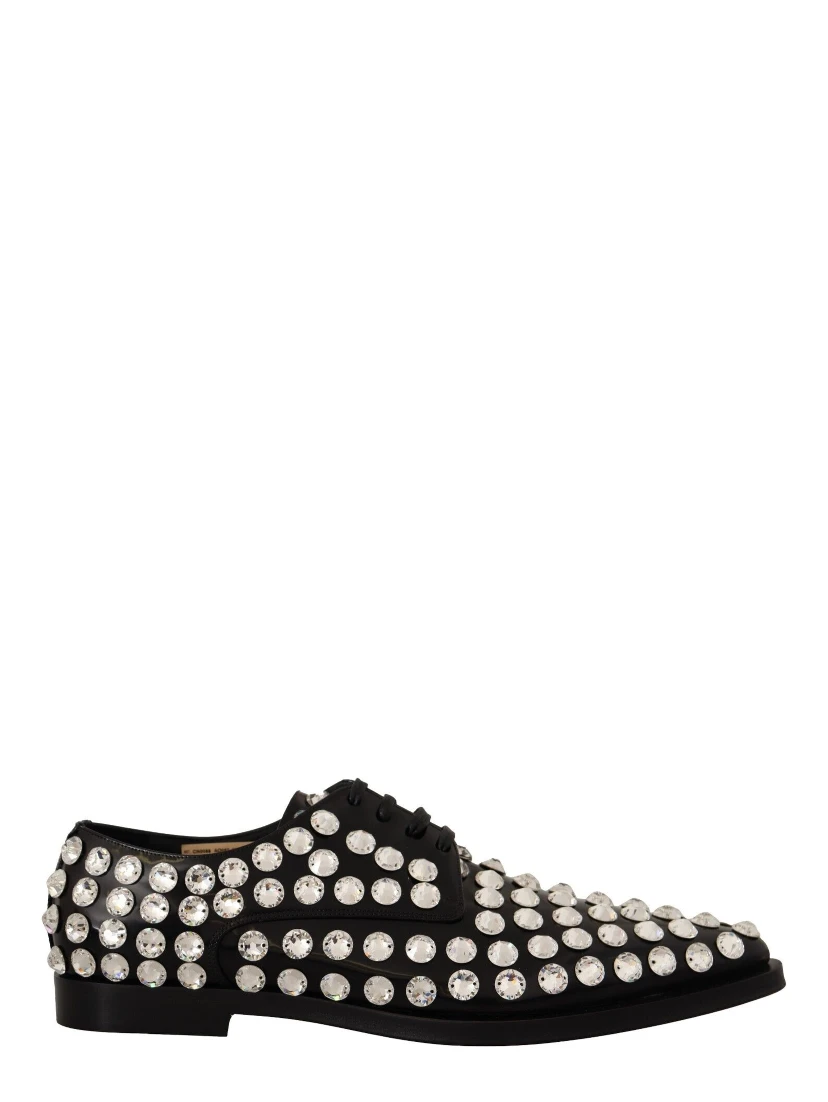 Black Leather Crystals Lace Up Formal Shoes