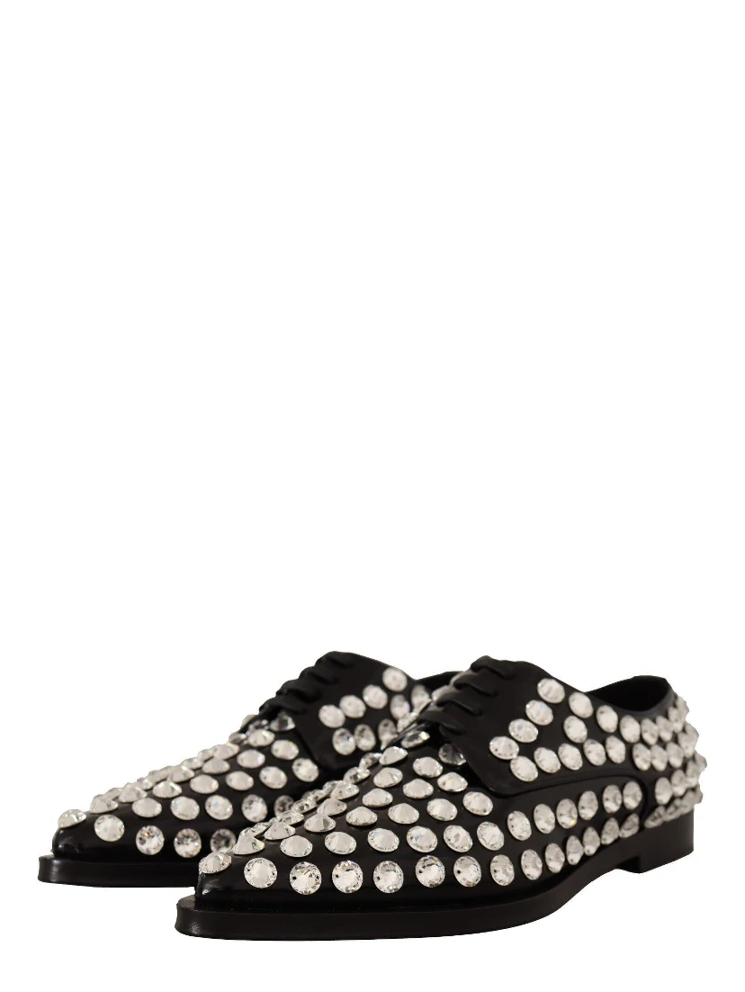 Black Leather Crystals Lace Up Formal Shoes