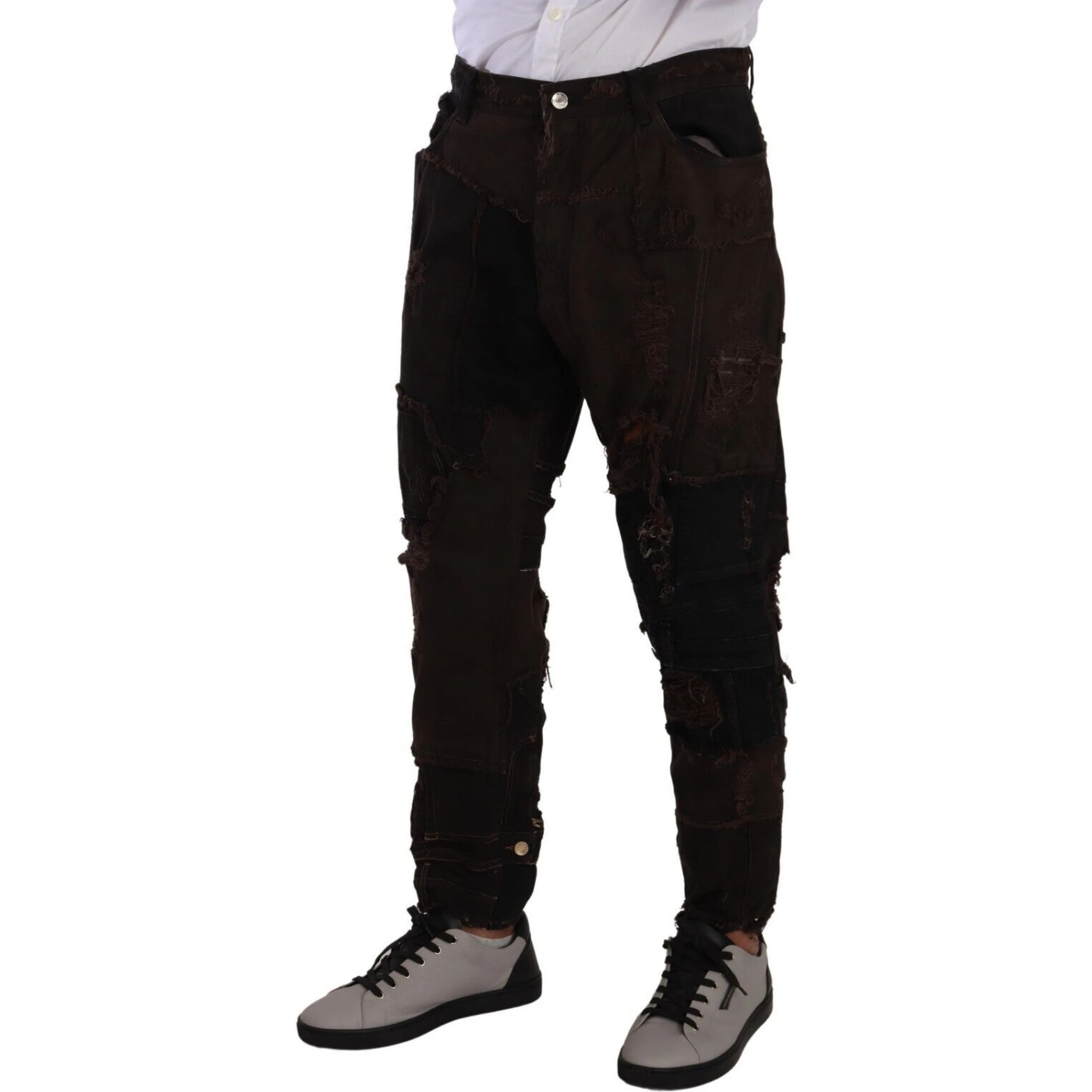 Brown Cotton Distressed Regular Denim Jeans
