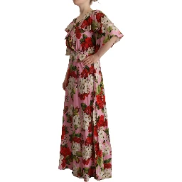 Pink Floral Silk Stretch Gown Maxi Dress