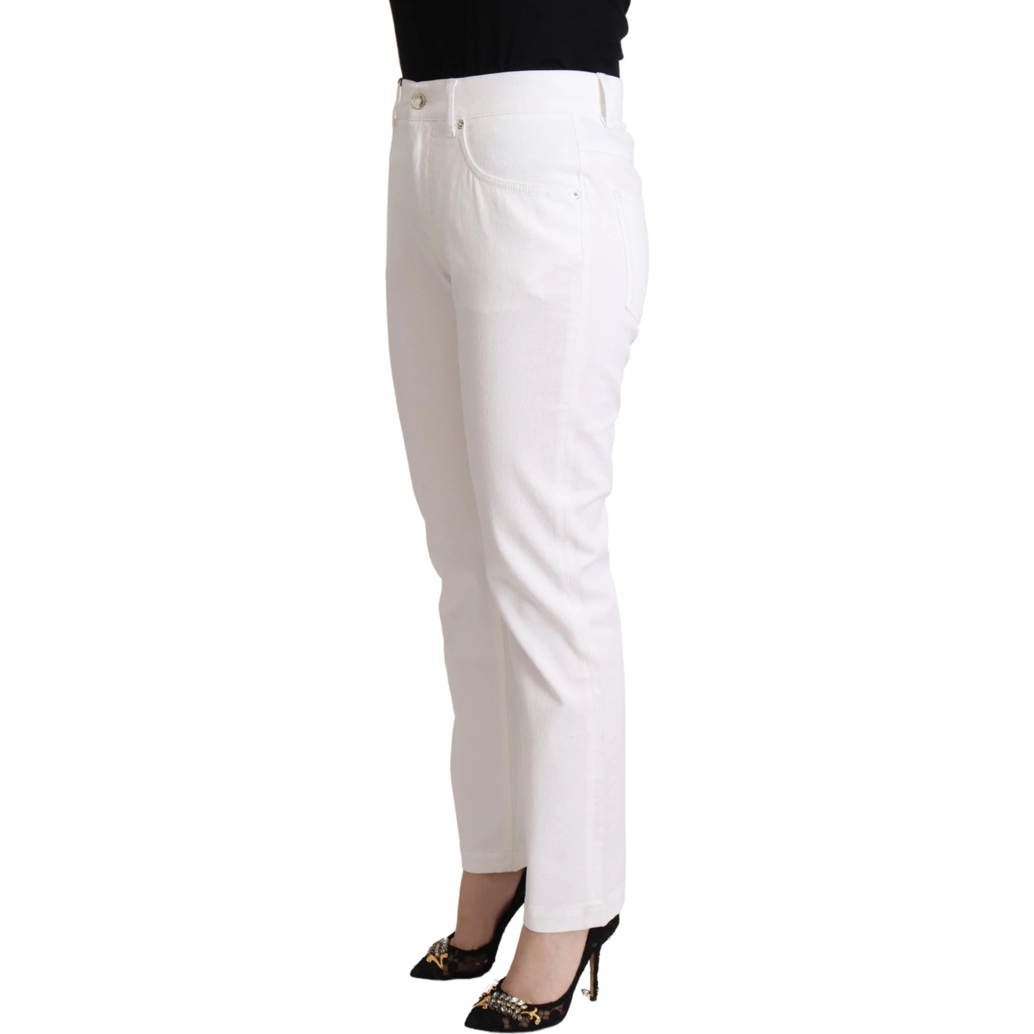 White Cotton Mid Waist Denim Tapered Jeans
