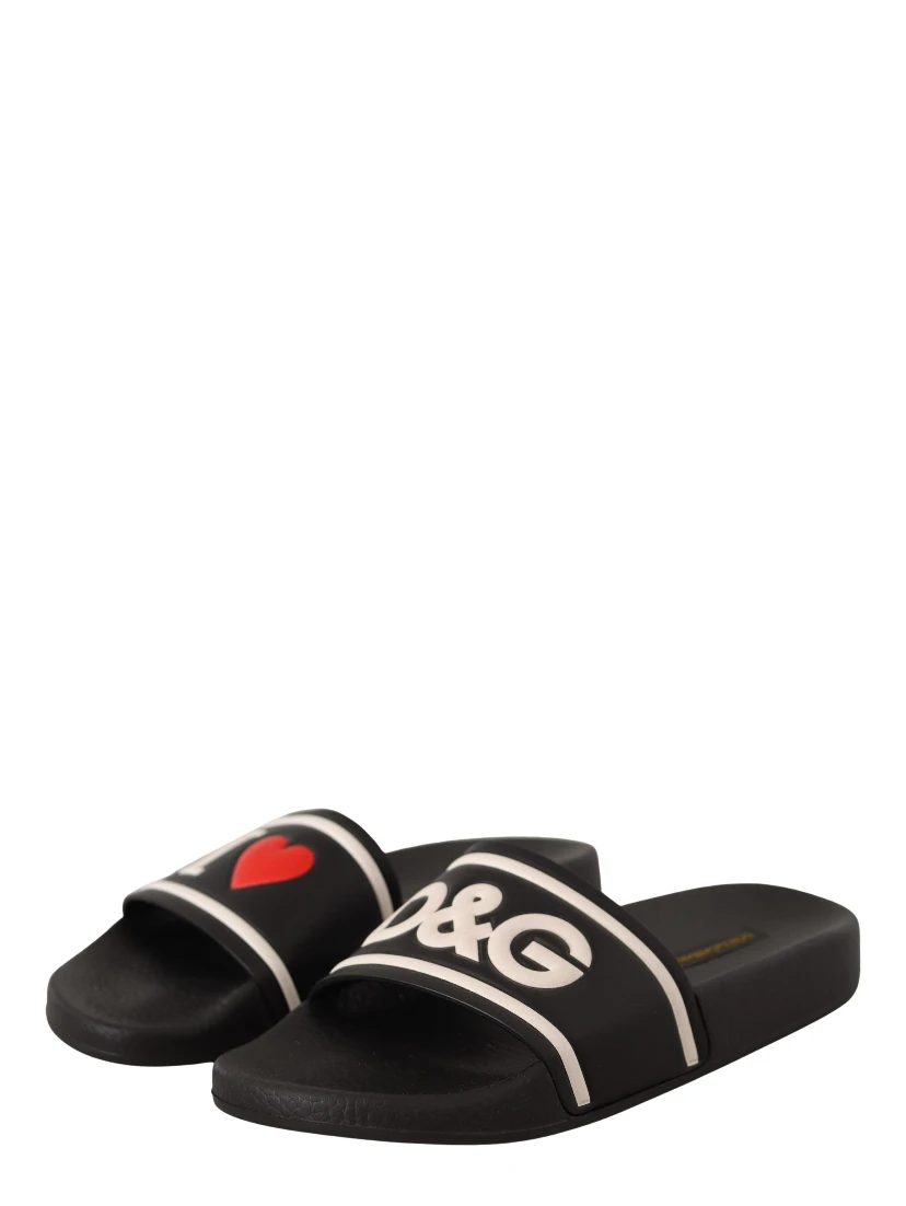 Black Leather I Love D&G Slides Sandals