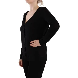 Black Wool V-neck Long Sleeves Pullover Top