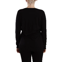 Black Wool V-neck Long Sleeves Pullover Top