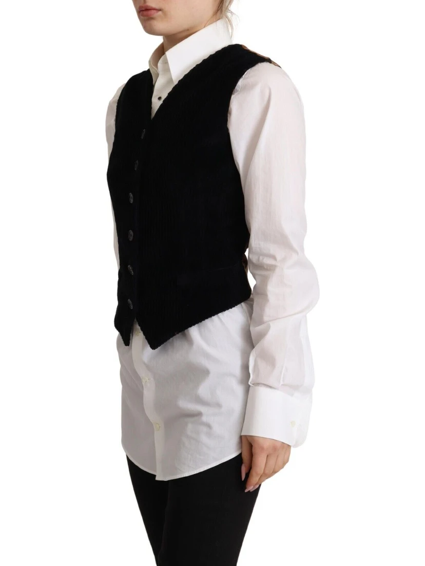 Black V-neck Leopard Corduroy Button Vest Top