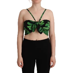 Black Green Leaf Silk Halter Cropped Top