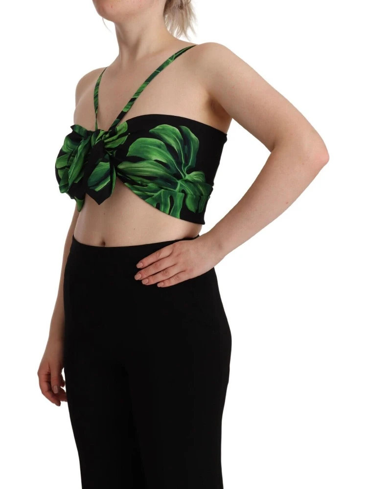 Black Green Leaf Silk Halter Cropped Top alternative