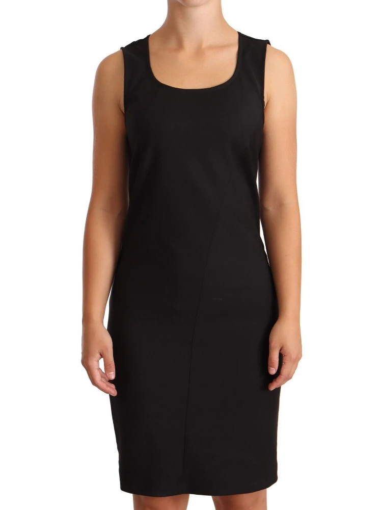 Black Cotton Blend Sleeveless Knee Length Sheath Dress