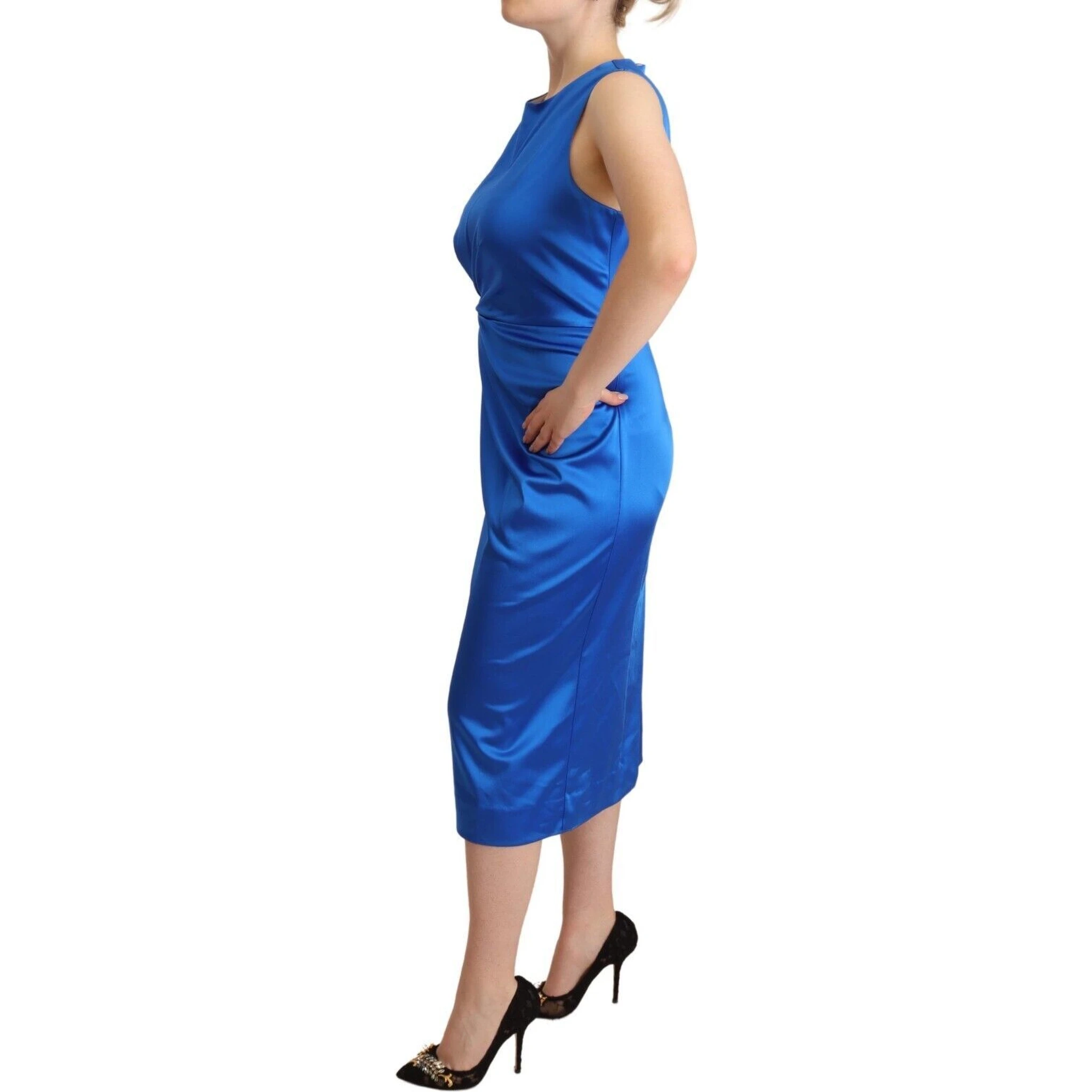 Blue Acetate Sleeveless Pleated Midi Sheath Dress