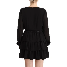 Black Polyester Long Sleeves V-neck Mini A-line Dress