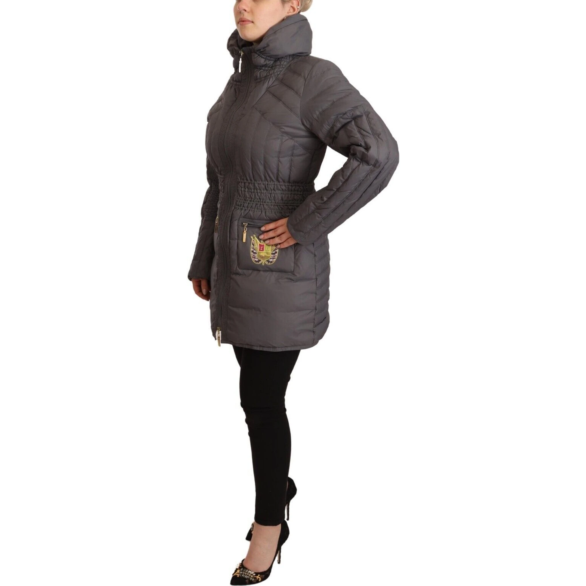 Gray Quilted Long Sleeves Logo Patch Full Zip Jacket