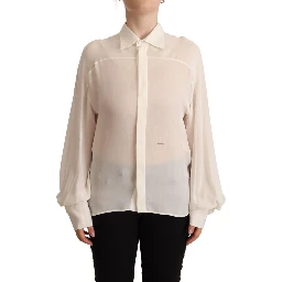 Off White Silk Long Sleeves Collared Blouse Top