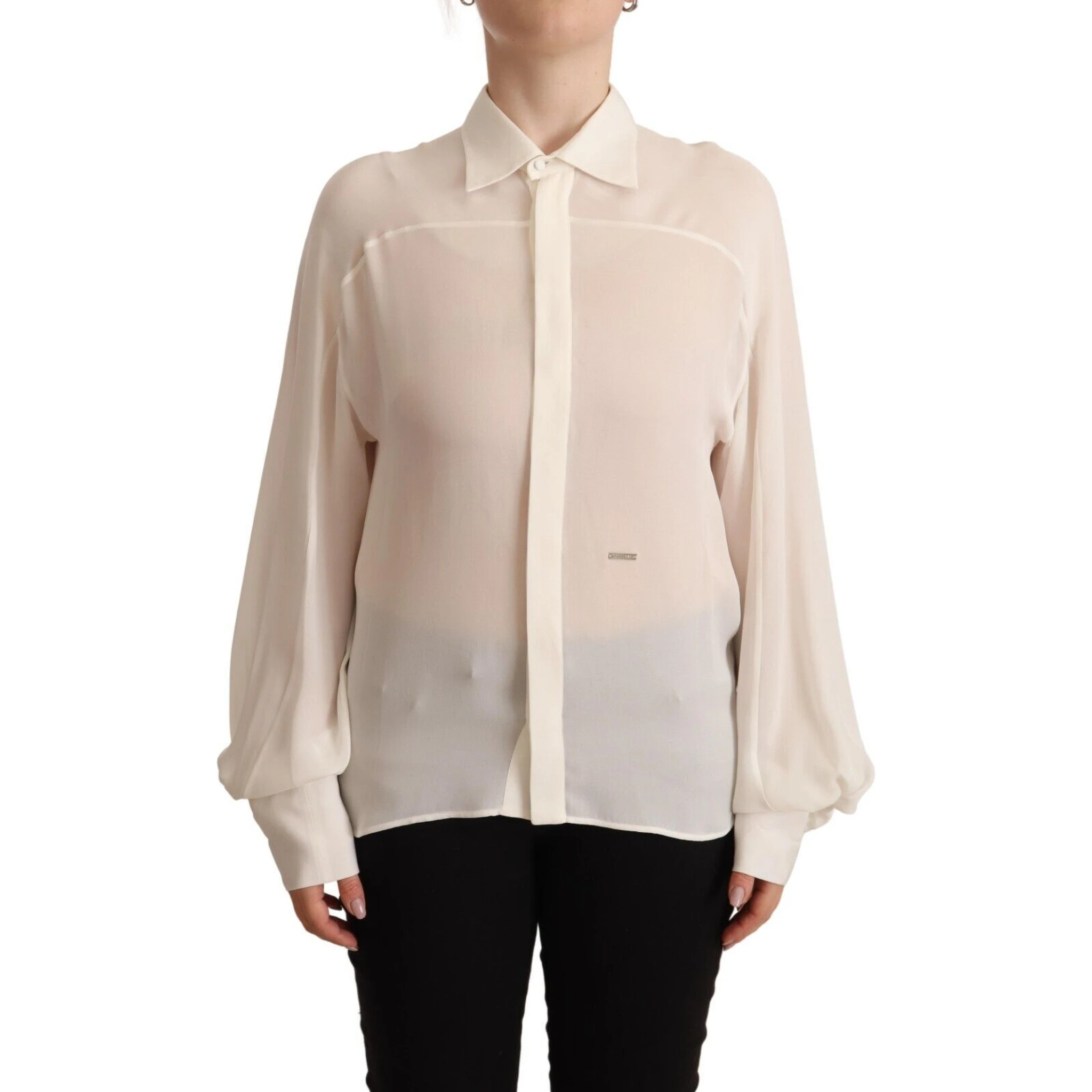 Off White Silk Long Sleeves Collared Blouse Top