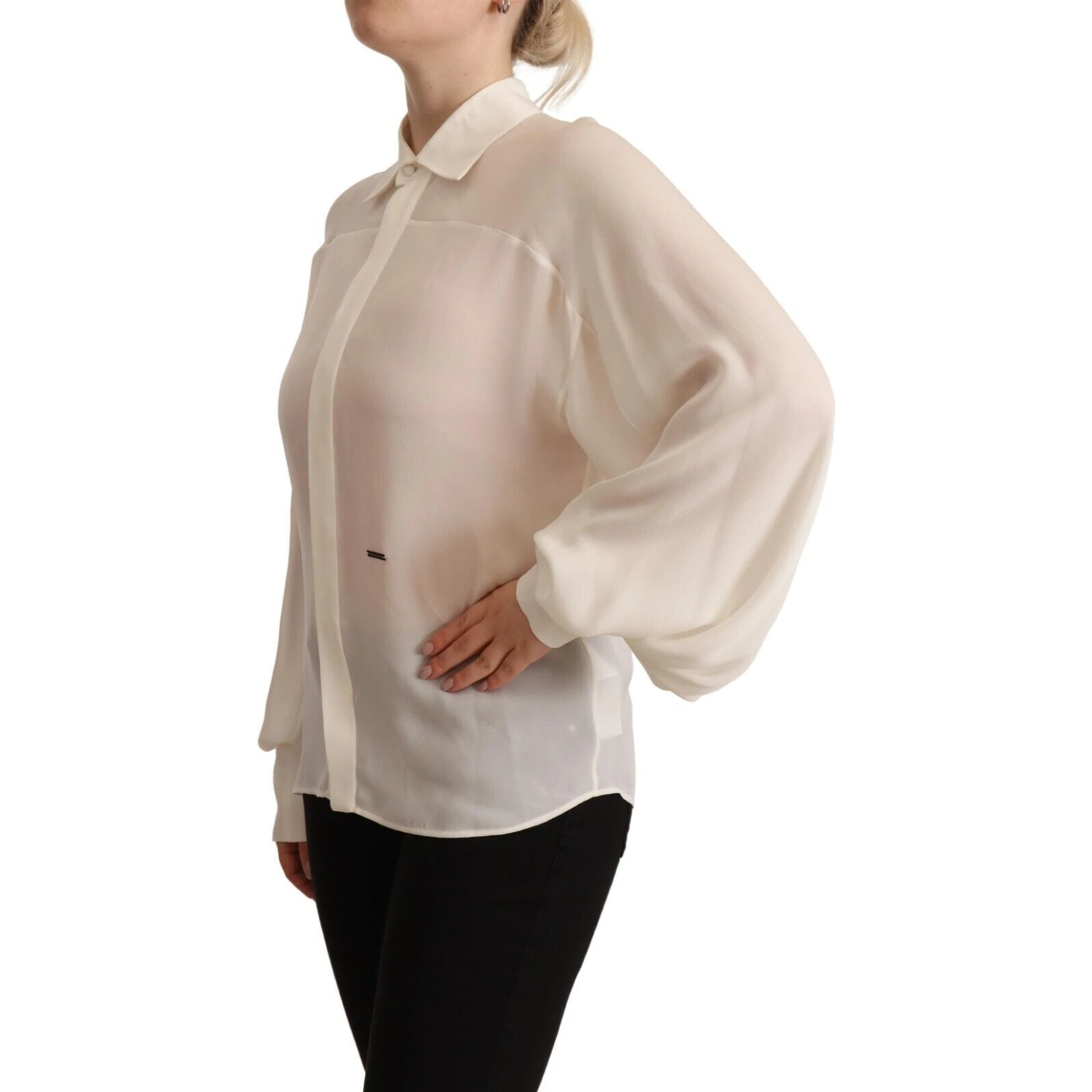 Off White Silk Long Sleeves Collared Blouse Top