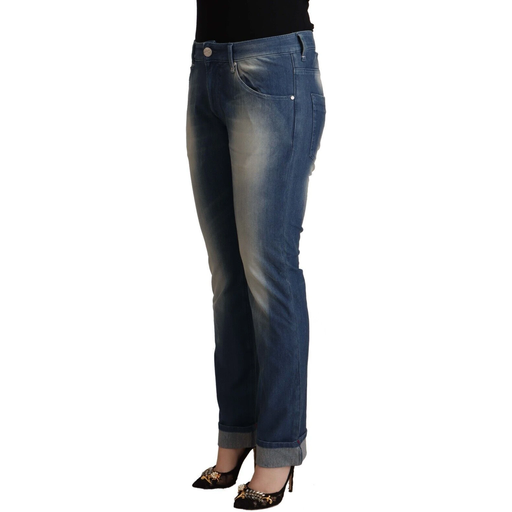 Blue Washed Mid Waist Folded Hem Skinny Jeans