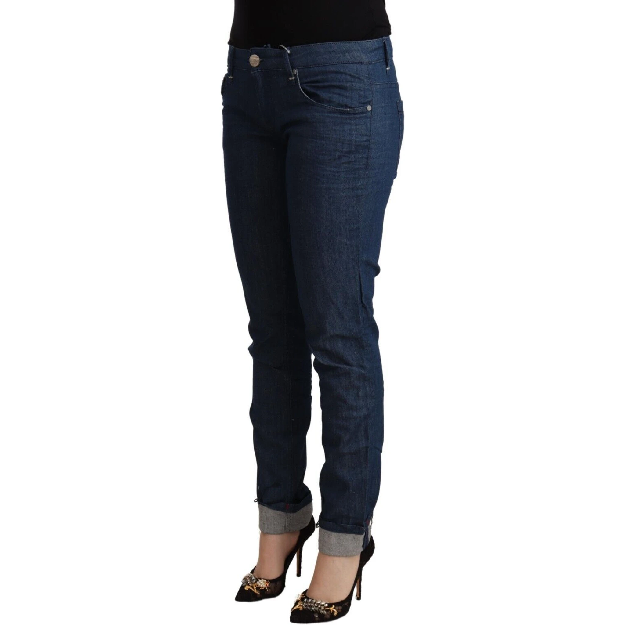 Blue Cotton Low Waist Skinny Denim Folded Hem Jeans