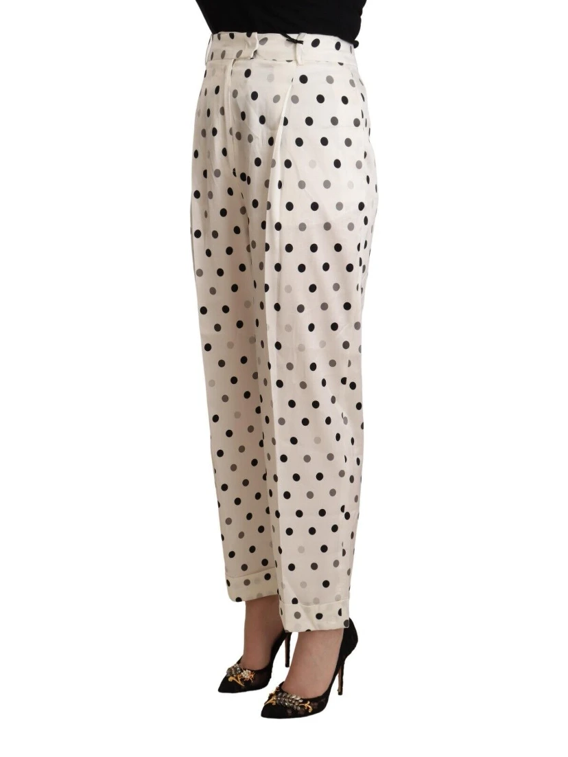 White Polka Dotted High Waist Tapered Pants