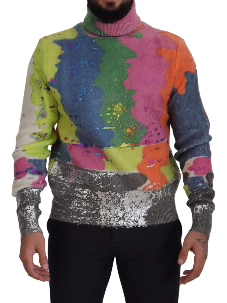 Multicolor Turtleneck Pullover Mohair Sweater