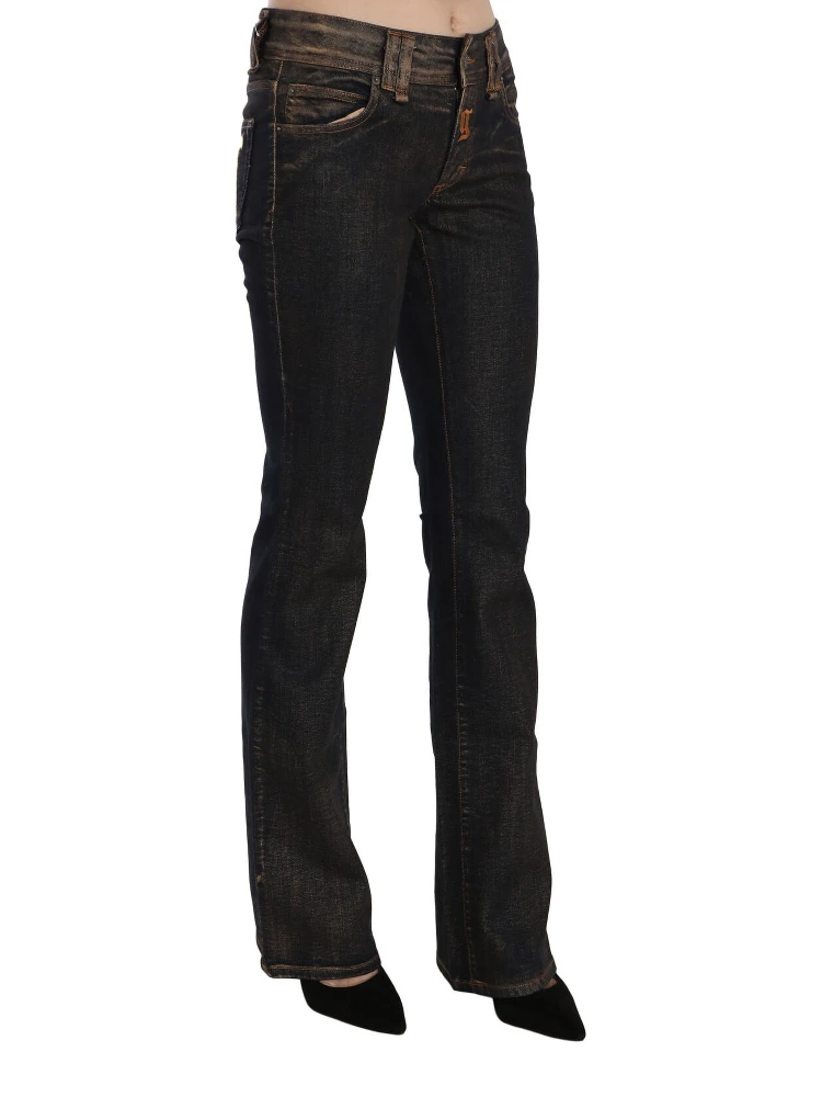 Black Washed Mid Waist Flared Denim Pants Cotton alternative
