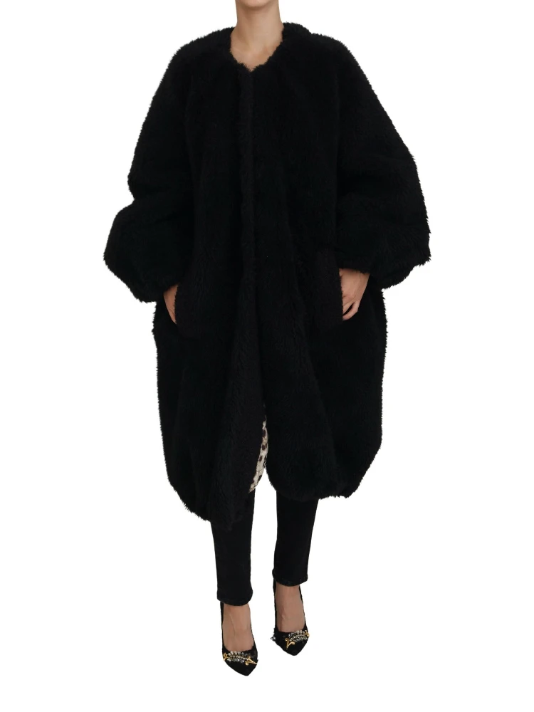 Black Cashmere Blend Faux Fur Coat Jacket