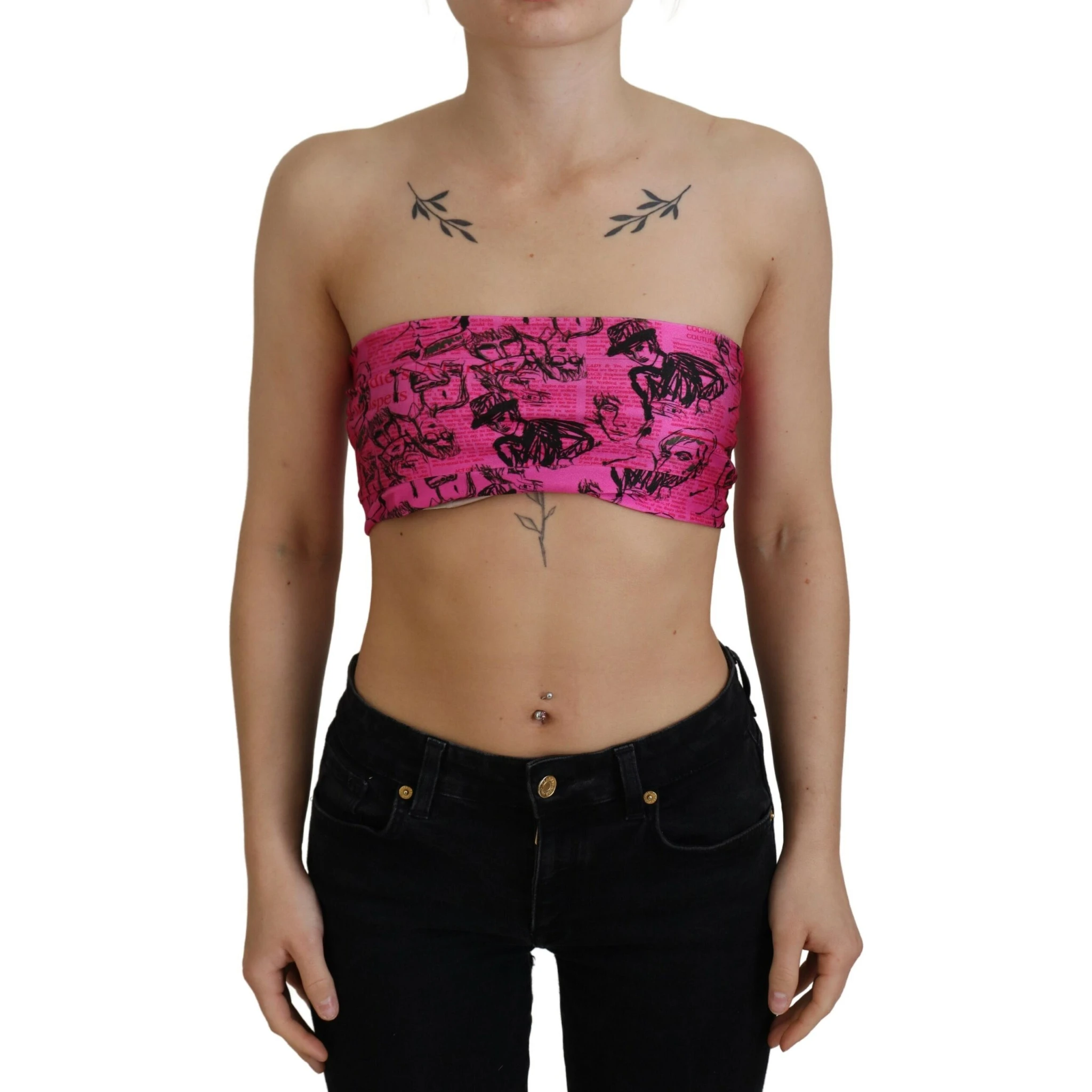 Pink Newspaper Print Bra Cropped Blouse