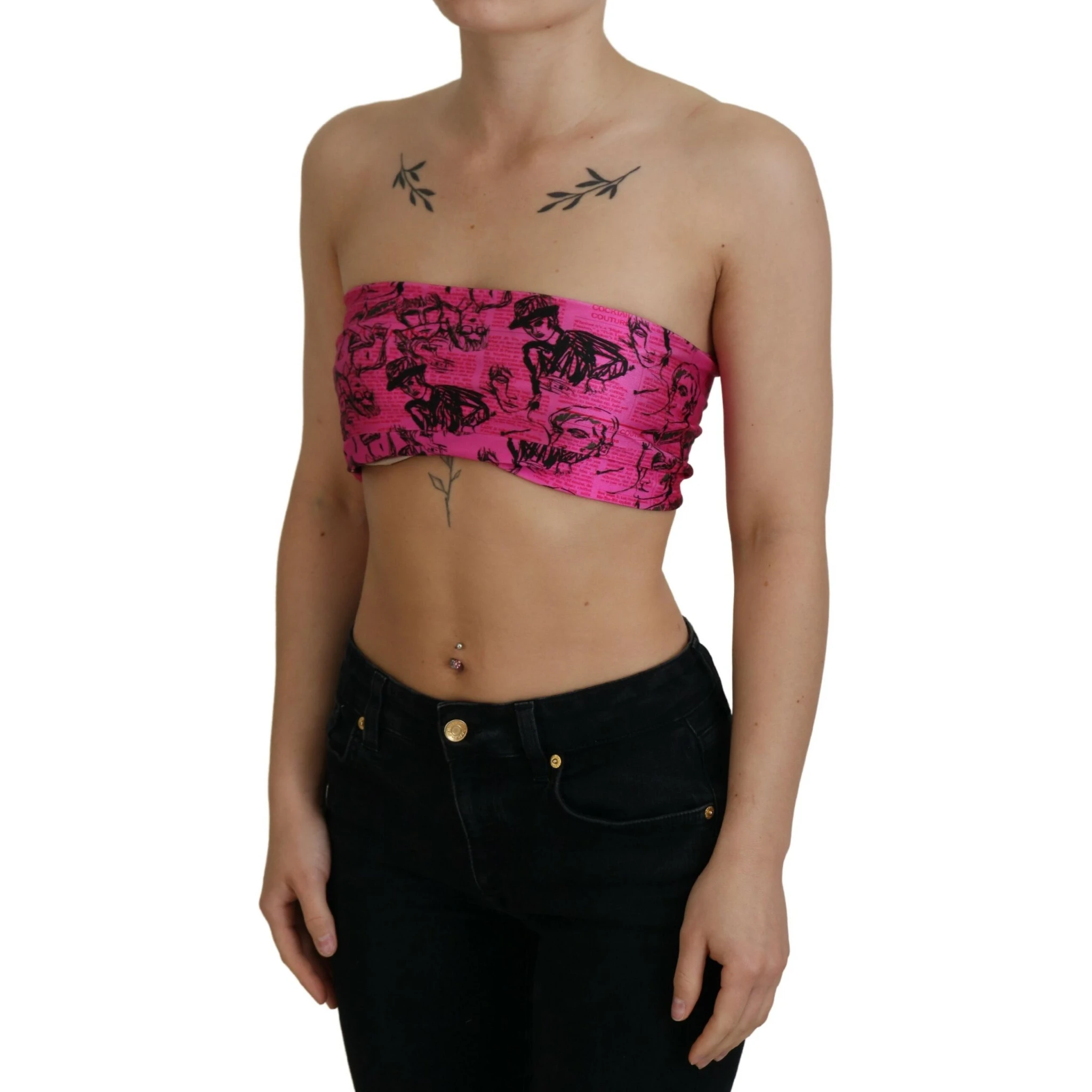 Pink Newspaper Print Bra Cropped Blouse