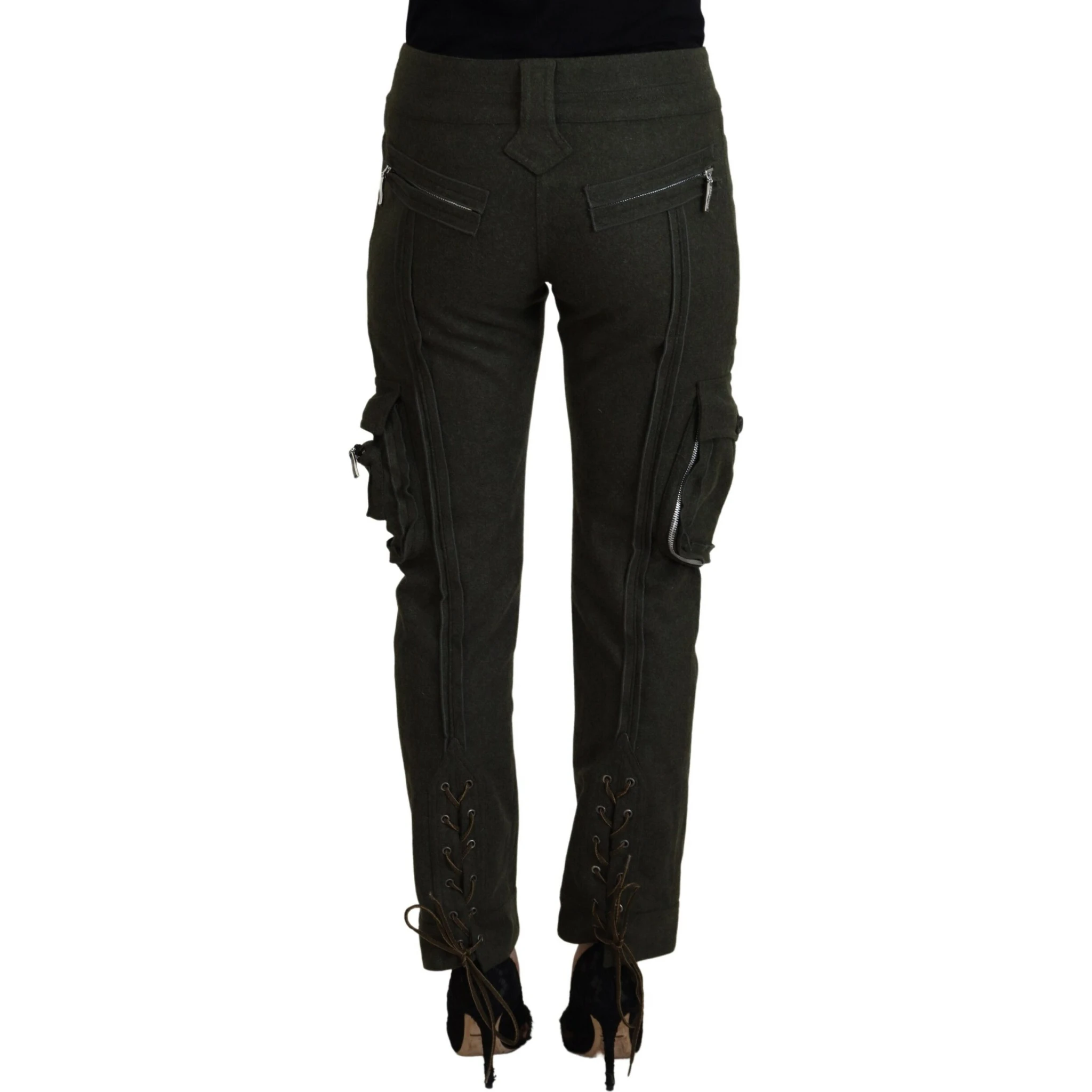 Green Lace Up Leg Women Tapered Pants