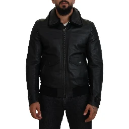 Black Lamb Leather Collared Men Coat Jacket