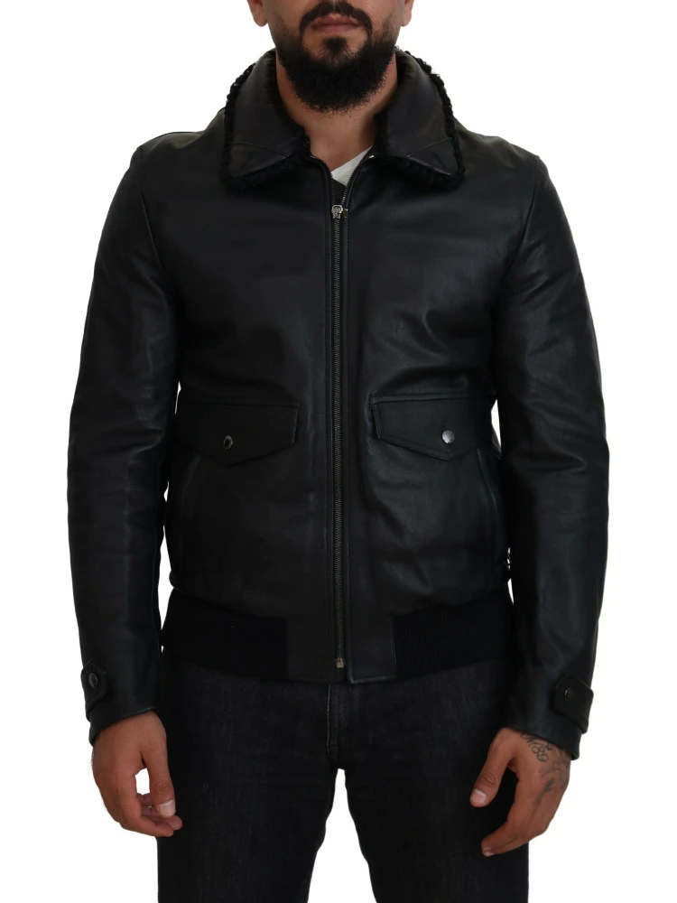 Black Lamb Leather Collared Men Coat Jacket