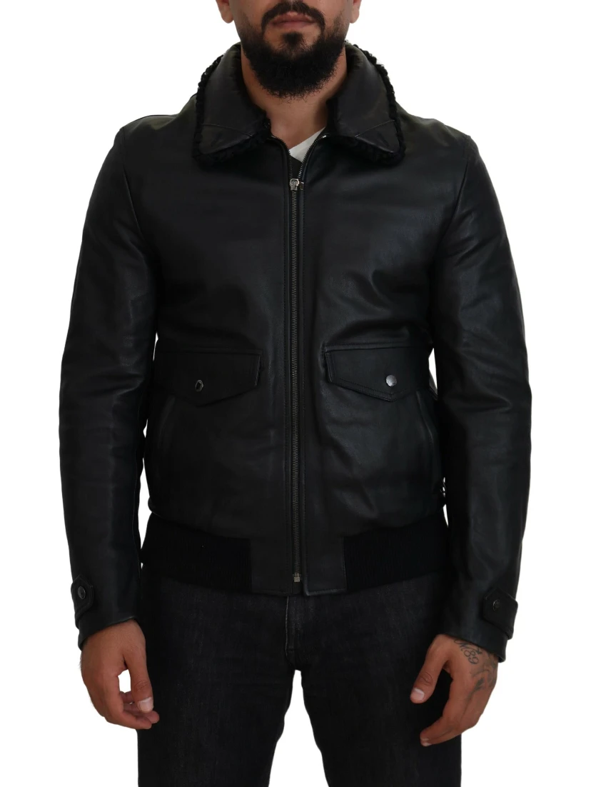 Black Lamb Leather Collared Men Coat Jacket