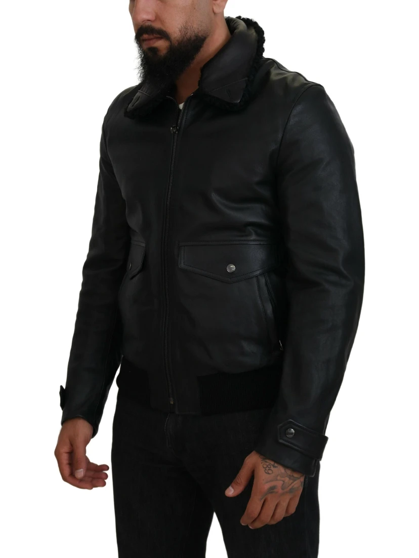 Black Lamb Leather Collared Men Coat Jacket