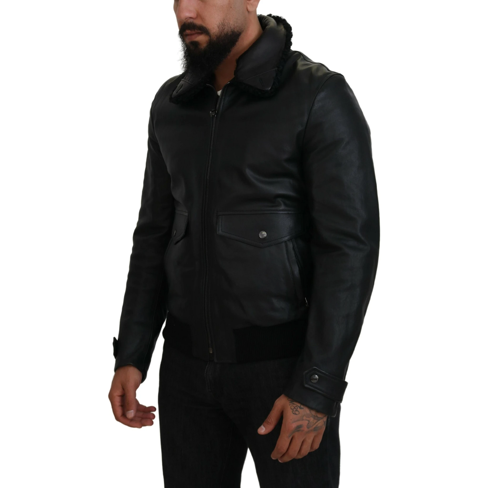 Black Lamb Leather Collared Men Coat Jacket
