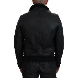 Black Lamb Leather Collared Men Coat Jacket