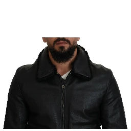 Black Lamb Leather Collared Men Coat Jacket