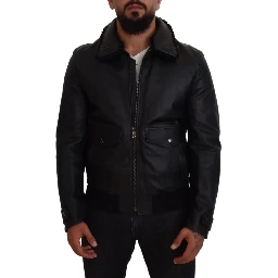Black Lamb Leather Collared Men Coat Jacket