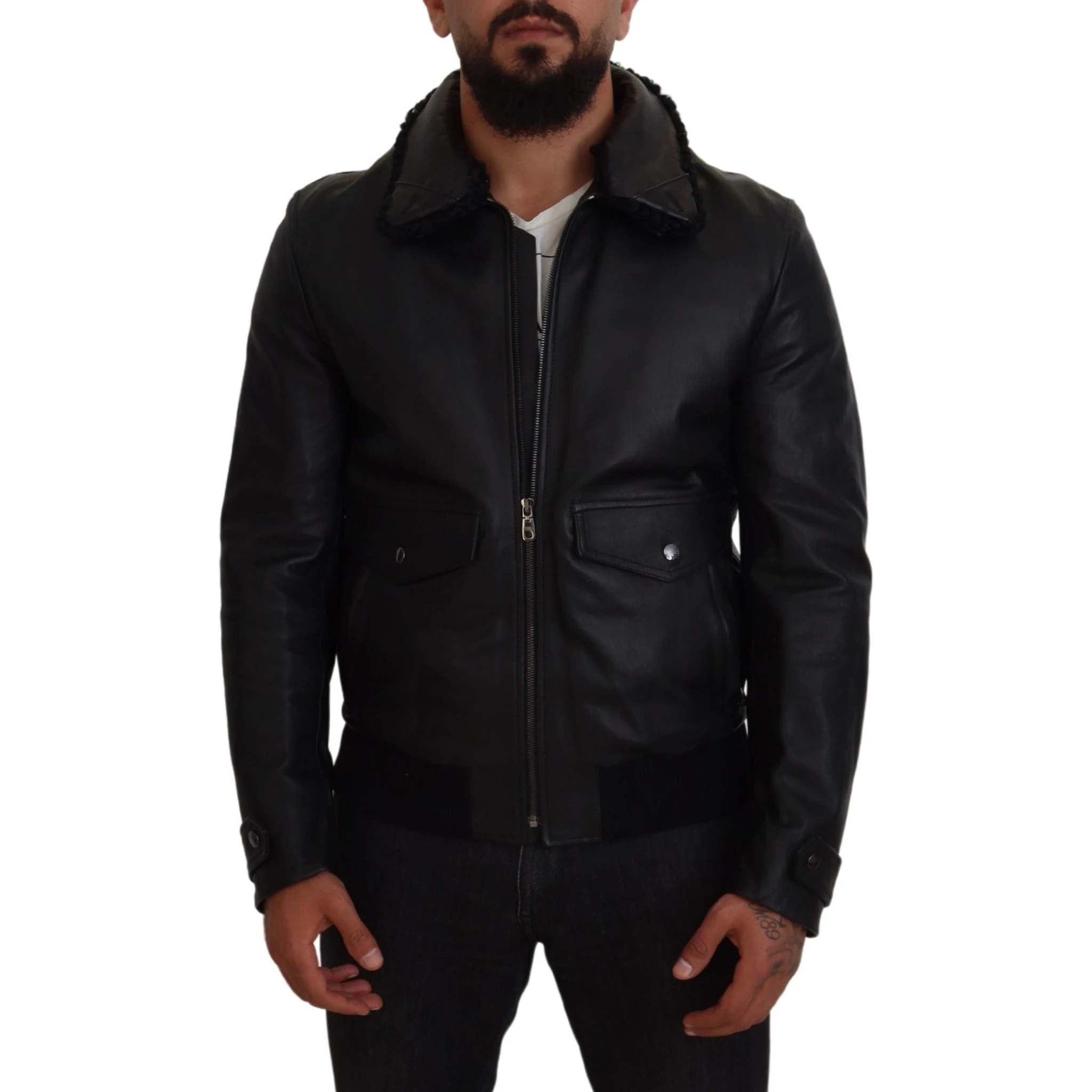 Black Lamb Leather Collared Men Coat Jacket