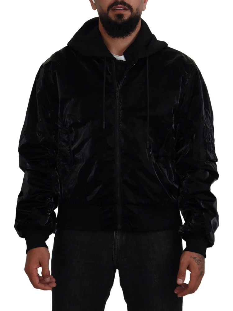 Black Nylon Hooded Full Zip Bomber Jacket