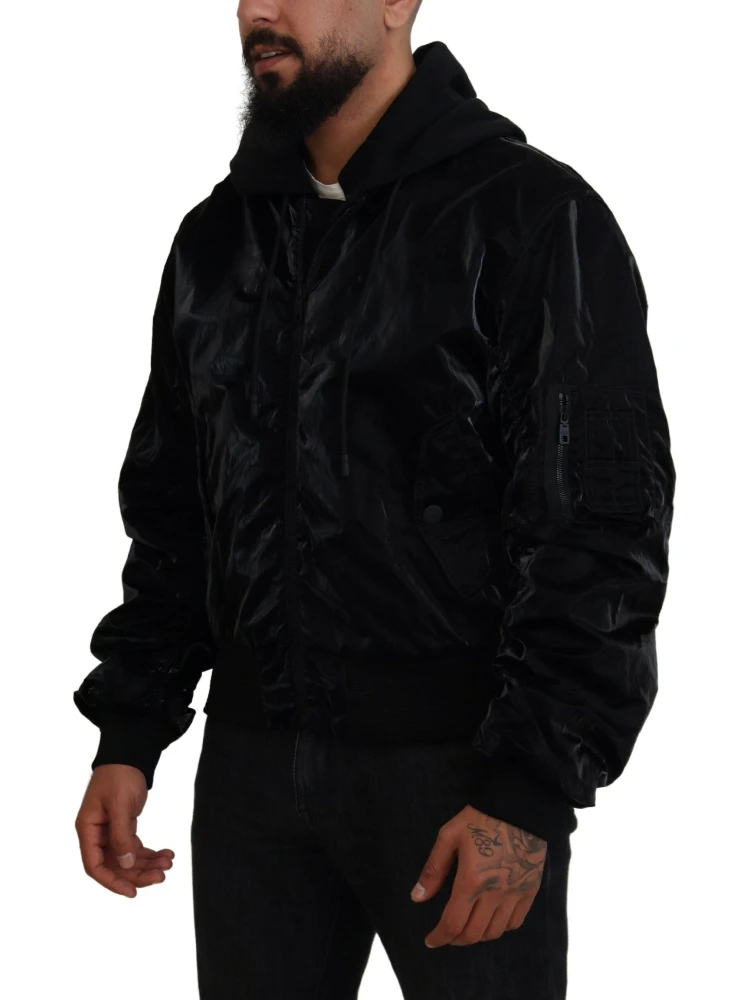 Black Nylon Hooded Full Zip Bomber Jacket alternative