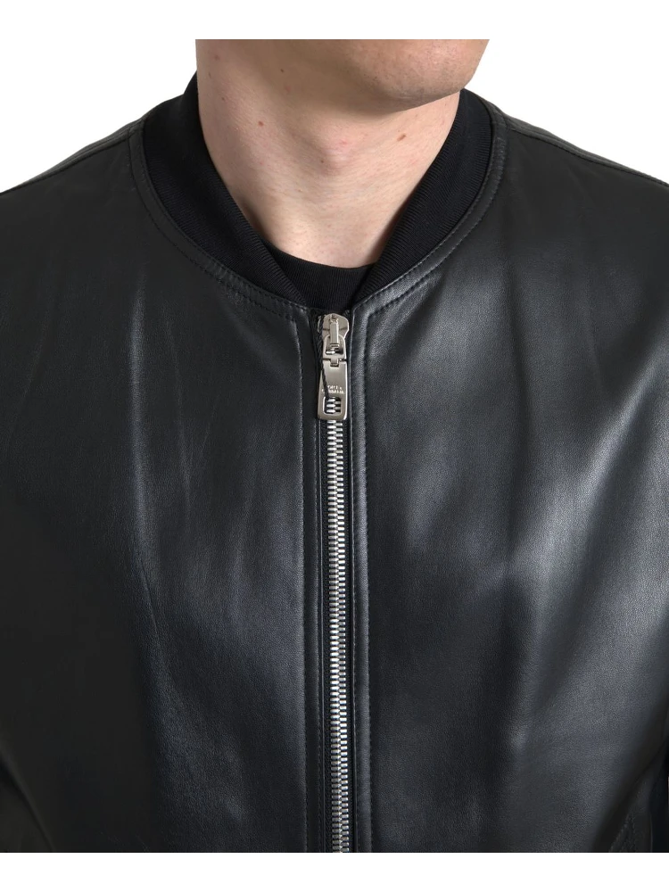 Black Leather Full Zip Bomber Men Jacket alternative