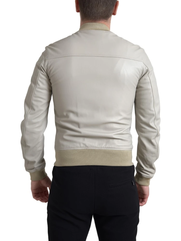 Cream Leather Bomber Blouson Full Zip Jacket alternative