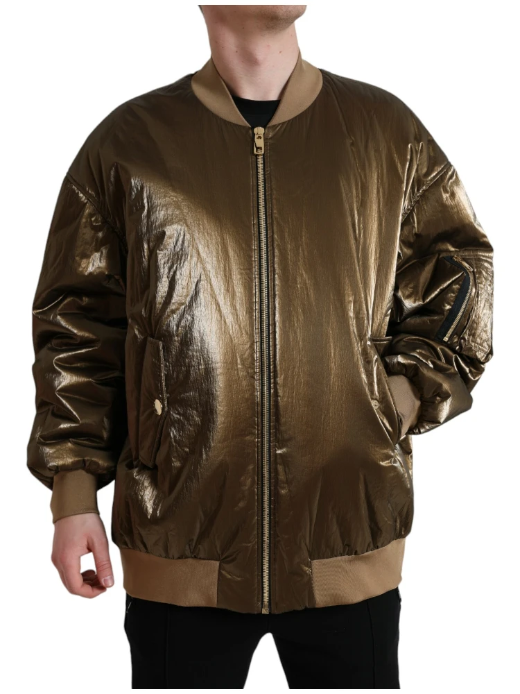 Bronze Nylon Full Zip Men Bomber Jacket
